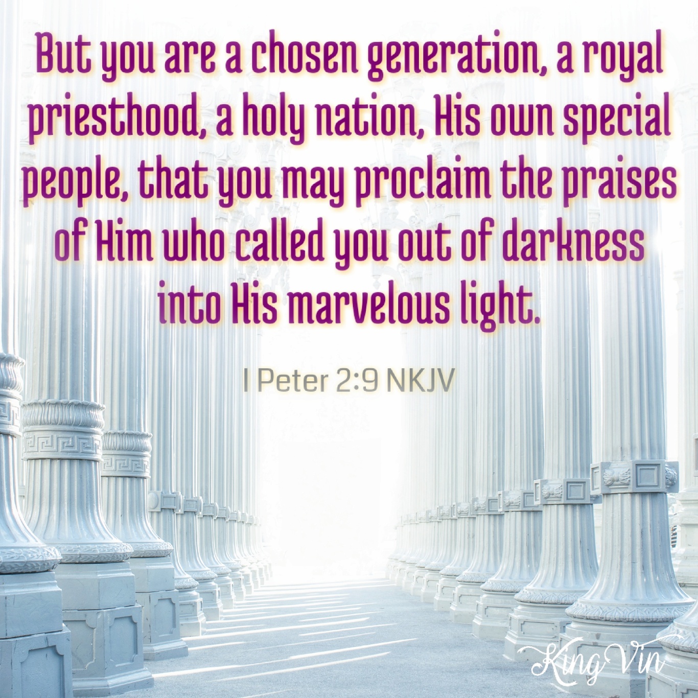 But you are a chosen generation, a royal priesthood, a holy nation, His own special people, that you may proclaim the praises of Him who called you out of darkness into His marvelous light; I Peter 2:9 NKJV