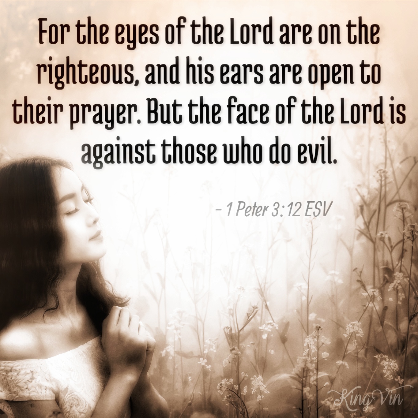 For the eyes of the Lord are on the righteous, and his ears are open to their prayer. But the face of the Lord is against those who do evil." 1 Peter 3:12 ESV