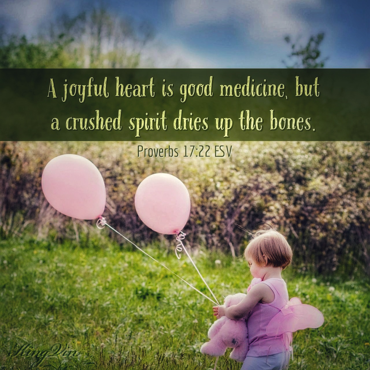 A joyful heart is good medicine, but a crushed spirit dries up the bones. Proverbs 17:22 ESV