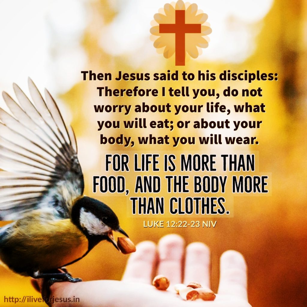 Then Jesus said to his disciples: “Therefore I tell you, do not worry about your life, what you will eat; or about your body, what you will wear. For life is more than food, and the body more than clothes. Luke 12:22‭-‬23 NIV https://bible.com/bible/111/luk.12.22-23.NIV