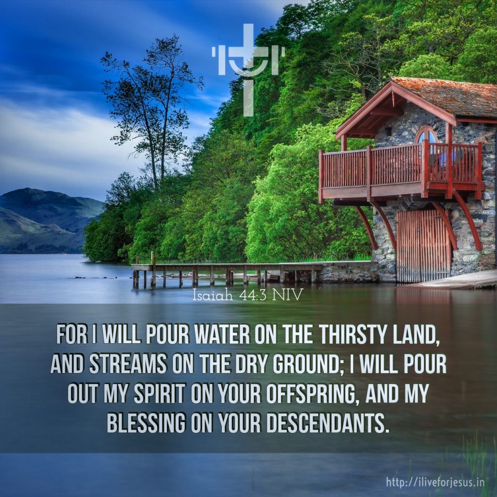 For I will pour water on the thirsty land, and streams on the dry ground; I will pour out my Spirit on your offspring, and my blessing on your descendants.  Isaiah 44:3 NIV  https://my.bible.com/bible/111/ISA.44.3.NIV