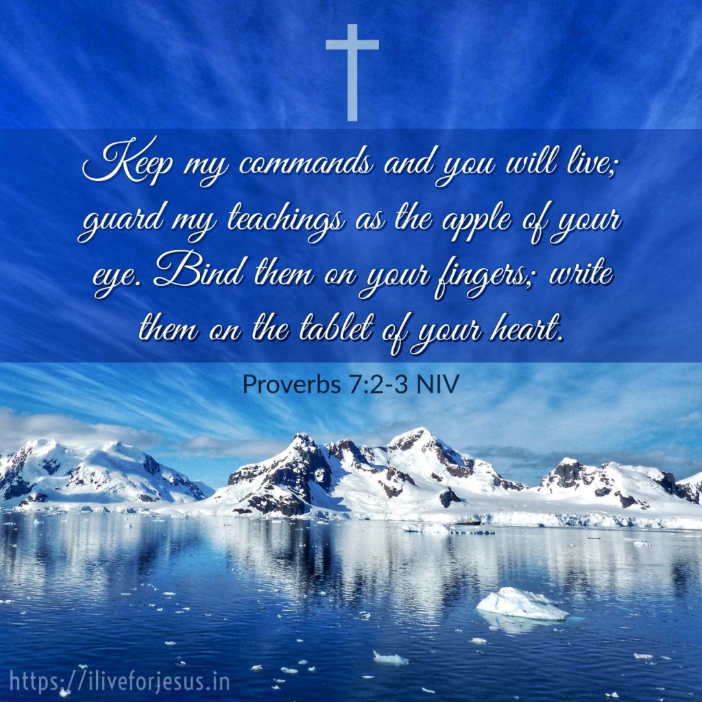 Keep my commands and you will live; guard my teachings as the apple of your eye. Bind them on your fingers; write them on the tablet of your heart. Proverbs 7:2‭-‬3 NIV https://bible.com/bible/111/pro.7.2-3.NIV