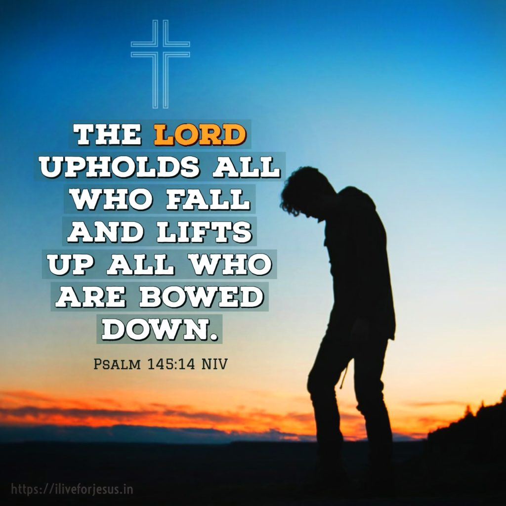 The Lord upholds all who fall and lifts up all who are bowed down. Psalm 145:14 NIV https://bible.com/bible/111/psa.145.14.NIV