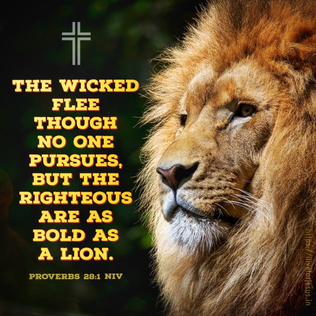 The wicked flee though no one pursues, but the righteous are as bold as a lion. Proverbs 28:1 NIV https://bible.com/bible/111/pro.28.1.NIV