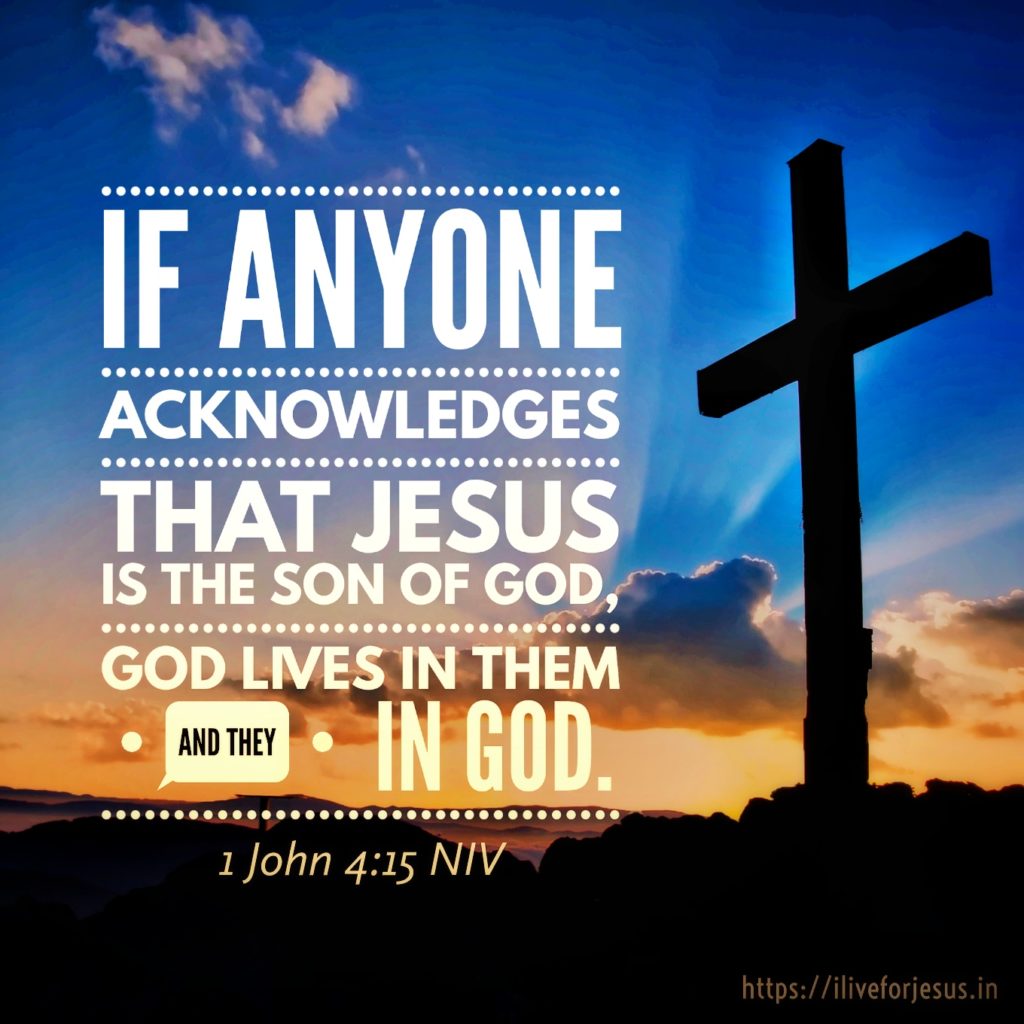 If anyone acknowledges that Jesus is the Son of God, God lives in them and they in God. 1 John 4:15 NIV https://1john.bible/1-john-4-15