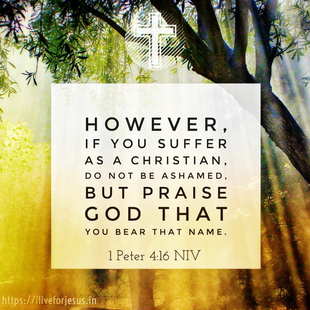 However, if you suffer as a Christian, do not be ashamed, but praise God that you bear that name. 1 Peter 4:16 NIV https://1peter.bible/1-peter-4-16