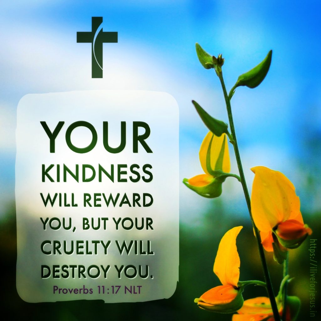 Your kindness will reward you, but your cruelty will destroy you. Proverbs 11:17 NLT https://bible.com/bible/116/pro.11.17.NLT