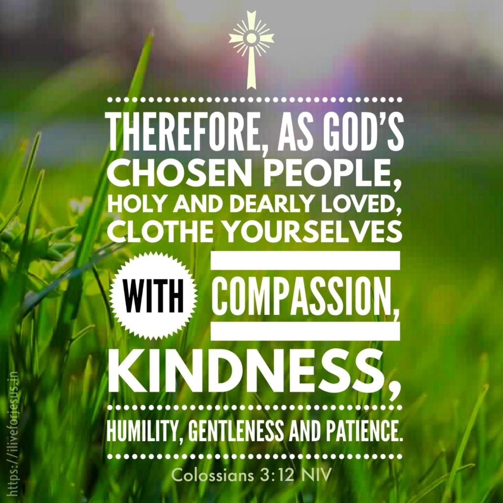 Therefore, as God’s chosen people, holy and dearly loved, clothe yourselves with compassion, kindness, humility, gentleness and patience. Colossians 3:12 NIV https://colossians.bible/colossians-3-12