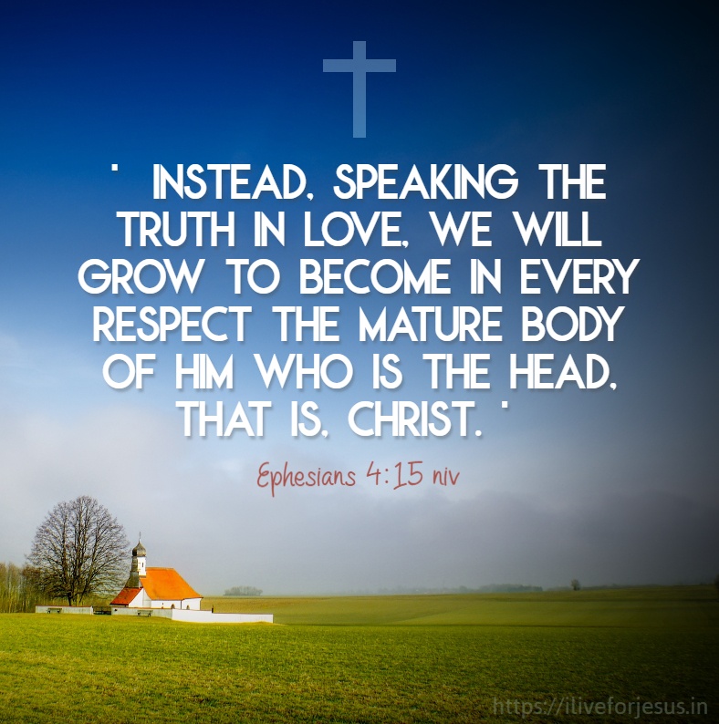 'Instead, speaking the truth in love, we will grow to become in every respect the mature body of him who is the head, that is, Christ. ' Ephesians 4:15 https://my.bible.com/bible/111/EPH.4.15