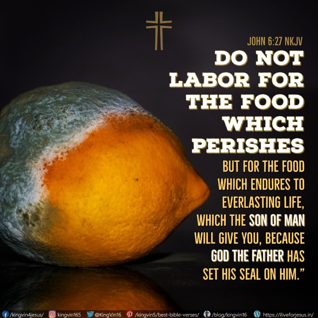 Do not labor for the food which perishes, but for the food which endures to everlasting life, which the Son of Man will give you, because God the Father has set His seal on Him.” John 6:27 NKJV https://bible.com/bible/114/jhn.6.27.NKJV