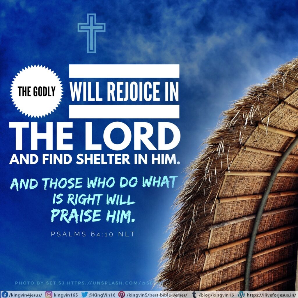 The godly will rejoice in the Lord and find shelter in him. And those who do what is right will praise him. Psalms 64:10 NLT https://bible.com/bible/116/psa.64.10.NLT